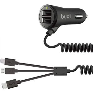 BUDI – 35W CAR CHARGER WITH USB & TUPE-C PORTS & 3IN 1 CABLE (MICRO, TYPE-C, APPLE)