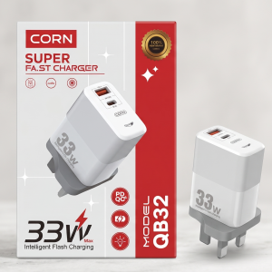 CORN QB32 33W Fast Charger - Dual Port (Type-C + USB-A) - Intelligent Flash Charging - iPhone & Android